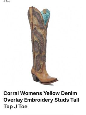 Yellow Leather Cowboy Boots with Teal Denim Top
